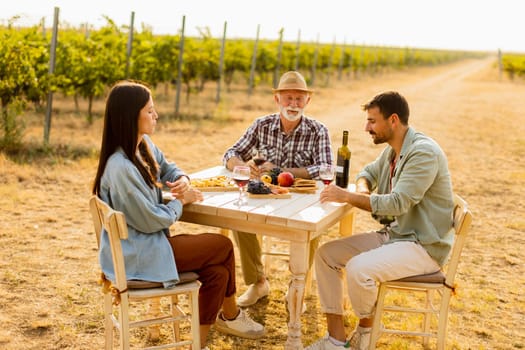 Amidst rows of lush vines, three friends enjoy a delightful afternoon, savoring wine and conversation, surrounded by the beauty of nature’s harvest