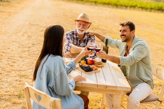 Amidst rows of lush vines, three friends enjoy a delightful afternoon, savoring wine and conversation, surrounded by the beauty of nature’s harvest
