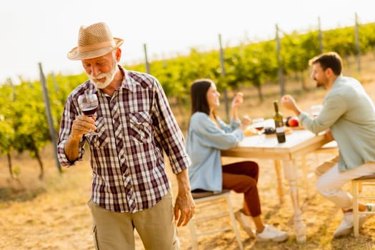 Amidst rows of lush vines, three friends enjoy a delightful afternoon, savoring wine and conversation, surrounded by the beauty of nature’s harvest