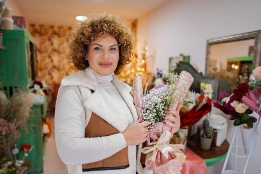 In a bright flower shop filled with lush greenery, a cheerful florist presents a stunning bouquet of delicate flowers. The warm atmosphere reflects her passion for floral artistry.