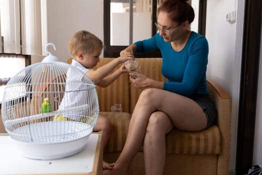Mother and son are taking care of their pet budgie, pouring birdseed into its food dispenser
