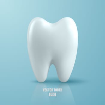 Vector 3d Realistic Tooth. Dental Inspection Banner, Plackard. Tooth Icon Closeup on Blue Background. Medical, Dentist Design Template. Dental Health Concept.