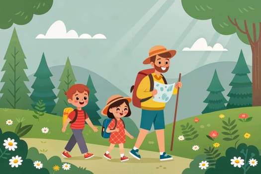 A cheerful family enjoys a hike through a lush forest, with children excitedly following their parent while exploring trails and nature. Generative AI.