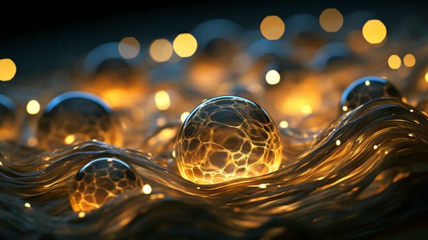 Spheres emit a warm glow as they float on a dark, textured surface, surrounded by shimmering light waves that evoke a tranquil atmosphere - Abstract background - Generative AI.