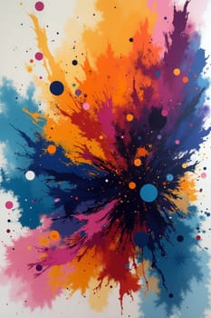 A vibrant abstract composition showcases an explosion of colors, featuring dynamic splashes and various circular shapes against a light background - abstract illustration - Generative AI.