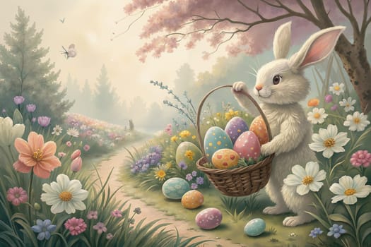A cheerful bunny gathers vibrant Easter eggs in a lush garden during springtime, surrounded by blooming flowers and soft sunlight. Generative AI.