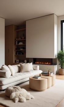 Cozy living room features soft beige furniture, a warm fireplace, and natural light from large windows. Plants and decor enhance the inviting atmosphere - Generative AI