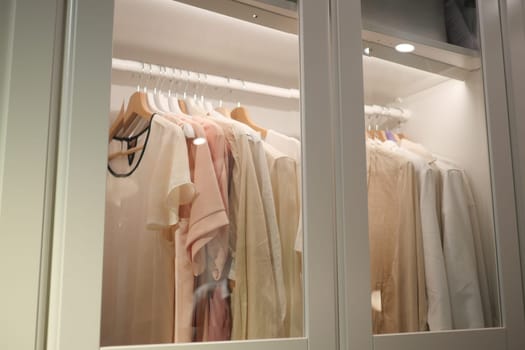 A neatly arranged wardrobe features pastel and neutral shirts on hangers.