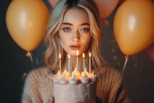 A woman holds a candlelit birthday cake, surrounded by balloons, conveying a wishful atmosphere.