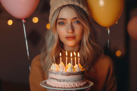 A woman holds a candlelit birthday cake, surrounded by balloons, conveying a wishful atmosphere.