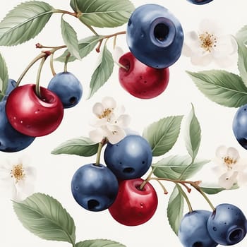 Cherry and blueberry seamless pattern tile, created with generative AI