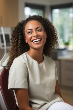 Young joyful African American woman sittingat the dentist office, created with generative AI