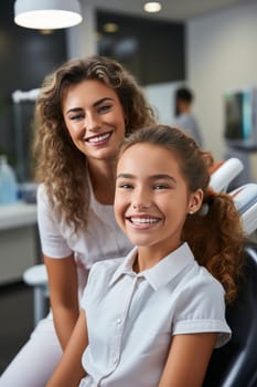 Female dentist and a cute girl smiling at the dentist office created with a generative AI technology