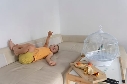 Young boy offers banana to his pet parakeet, promoting the concept of pet care and childhood companionship
