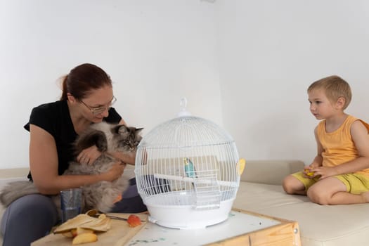 Family enjoying time together with pets, observing a small budgie bird inside its cage