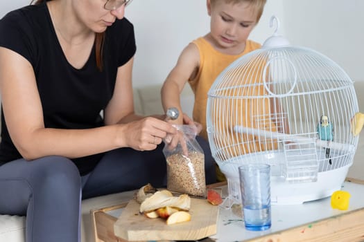 Mother and son are taking care of their domestic blue budgie, preparing bird food and putting it in the cage