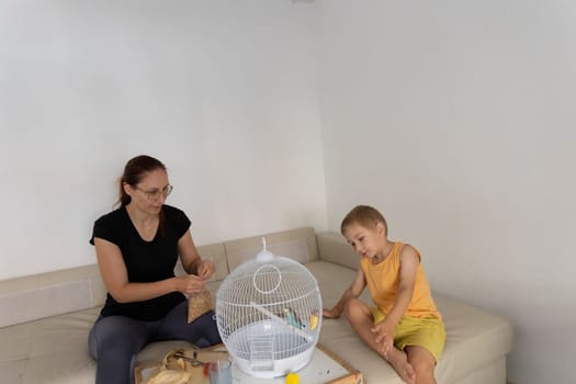 Mother preparing birdseed for feeding pet budgerigars in round cage with her little son watching her at home