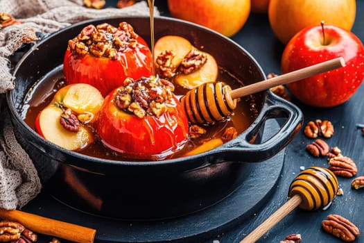 Baked apples sit in a black dish, filled with pecans and drizzled with honey. The warm, inviting scene features red and golden apples in the background, creating a cozy atmosphere.