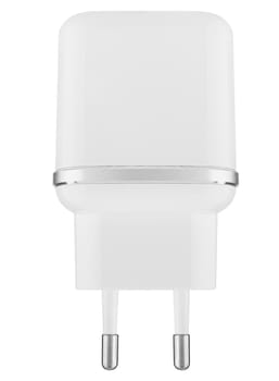 White adapter with universal USB charging connector. Compatible with all modern mobile devices.
