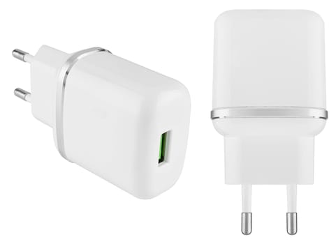 White adapter with universal USB charging connector. Compatible with all modern mobile devices.