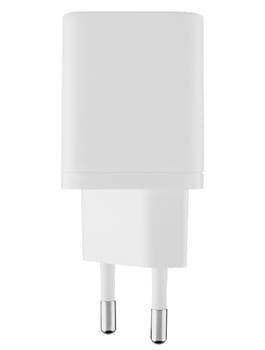 White power adapter with white color on white background. Fast charging for smartphones, tablets and other devices.