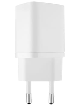 White power adapter with white color on white background. Fast charging for smartphones, tablets and other devices.