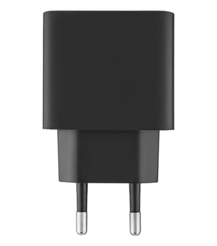 Stylish black power adapter on a white background. Compatible with a wide range of mobile devices.