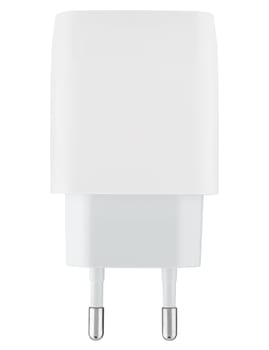 White mains power adapter on white background. Compatible with most mobile devices and gadgets.
