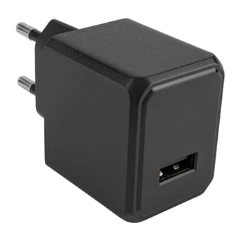 Black colored power adapter for safe charging of smartphones. Compact and convenient design for everyday use.