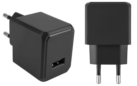 Minimalistic black power adapter with USB plug. Guarantees efficient and reliable charging of your gadgets.