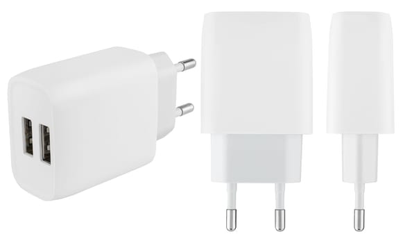 White mains power adapter on white background. Compatible with most mobile devices and gadgets.