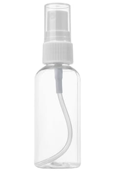 Clear plastic spray bottle with sprayer on white background. Perfect for cosmetics, cleaning or plants.