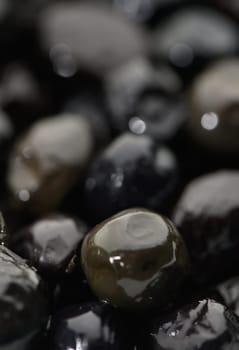Glossy black pebbles glisten, reflecting light and creating a tranquil ambiance that showcases nature's beauty.