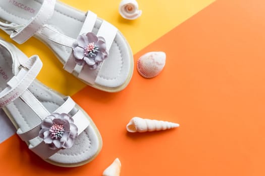 Pair of cute baby sandals on color background, top view