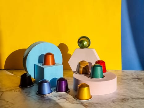 Set of coffee capsules isolated on beige background Top view Flat lay Drink obtained from dosed capsule