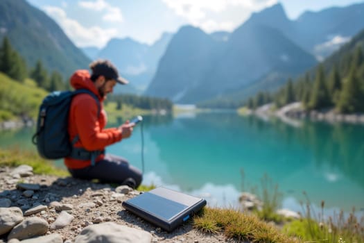 A person in a red jacket sits by a tranquil mountain lake, using a smartphone while surrounded by beautiful natural alpine scenery. Generative AI.
