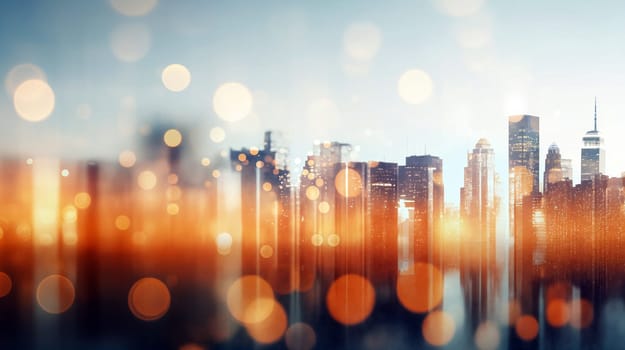 A vibrant skyline glows with lights at dusk, and a blurred effect adds a dreamy charm to the urban landscape - Generative AI.