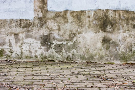 An abandoned concrete wall and a tiled sidewalk, uncleaned. Abandoned yard.