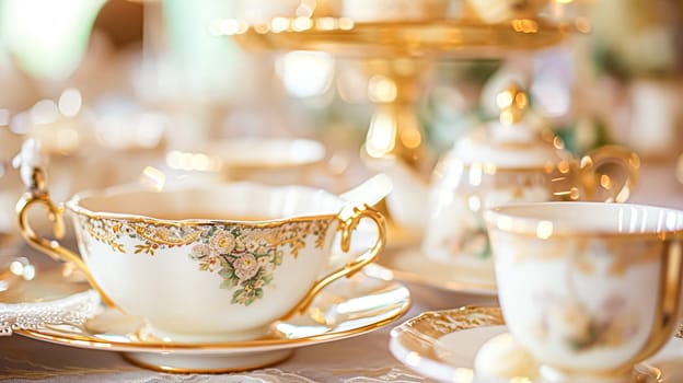 Elegant table setting for tea party with cakes and cupcakes in English manor. Selective focus. Vintage style