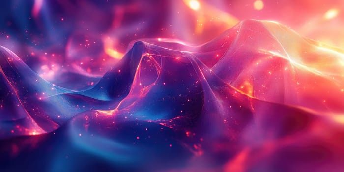 Vibrant waves of color cascade and blend, illuminated by shimmering particles, evoking a sense of depth and movement in a twilight atmosphere.