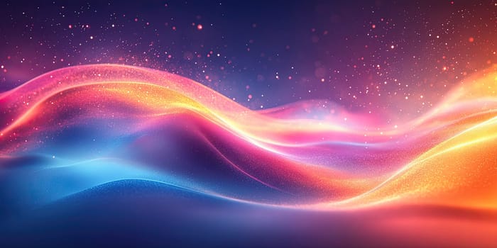 Bright, colorful waves of light undulate elegantly across a digital landscape, showcasing a blend of vibrant blues, pinks, and oranges in a twilight ambiance.