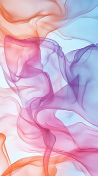 Delicate fabric cascades in an abstract design, displaying a blend of soft pink, purple, and orange hues. The fluid movement evokes a sense of tranquility and elegance.
