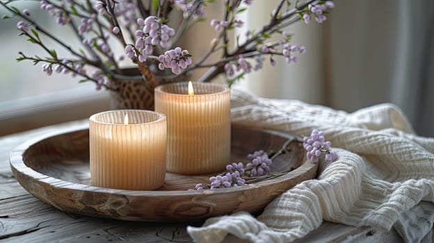 Flickering candlelight creates a warm atmosphere on a wooden table adorned with delicate flowers and soft fabric. A tranquil indoor scene invites relaxation and peace.