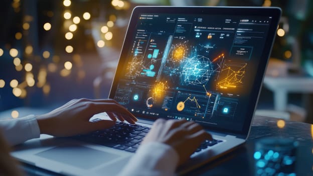 A person is engaged in data analysis on a sleek laptop filled with vibrant visualizations. The warm glow from lights creates a cozy atmosphere, enhancing focus.