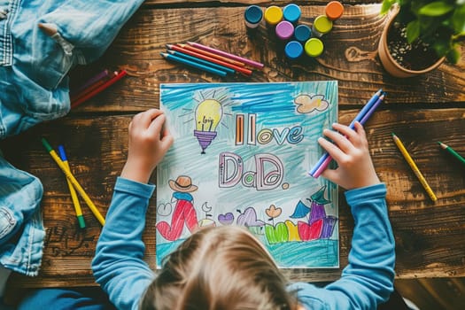 A young child sits at a wooden table, happily coloring a drawing that says I love Dad, surrounded by crayons, markers, and paint pots.