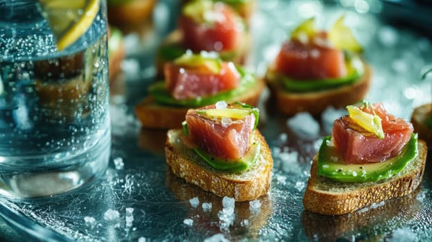 Brightly colored canap s featuring layers of fresh seafood, avocado, and citrus garnishes are elegantly arranged on a silver platter next to a glass of water with lemon.