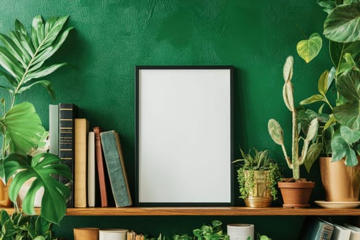 A vibrant green wall serves as a backdrop for a wooden shelf filled with various plants and books. An empty frame awaits art placement, creating a calm and inviting atmosphere.