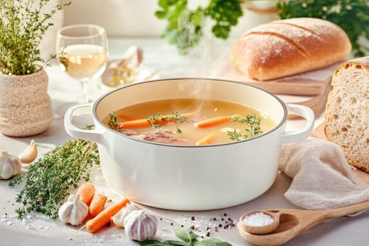 A pot of steaming soup filled with carrots and herbs sits on a kitchen counter. Fresh bread and garlic accompany it, creating a warm, inviting atmosphere perfect for a meal.