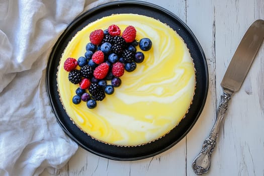 A cheesecake with a smooth yellow topping decorated with raspberries, blueberries, and blackberries sits on a black plate. The setting features a light wooden table with a textured cloth.