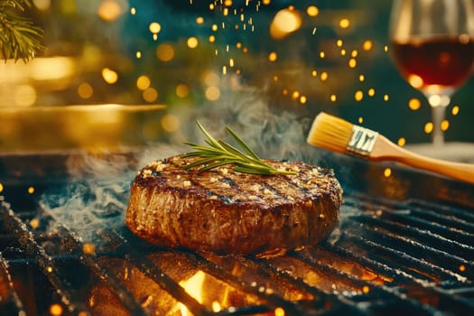 A perfectly grilled steak rests on a barbecue, adorned with fresh herbs. Flames and smoke rise in the evening air, accompanied by a glass of red wine nearby, creating a cozy atmosphere.